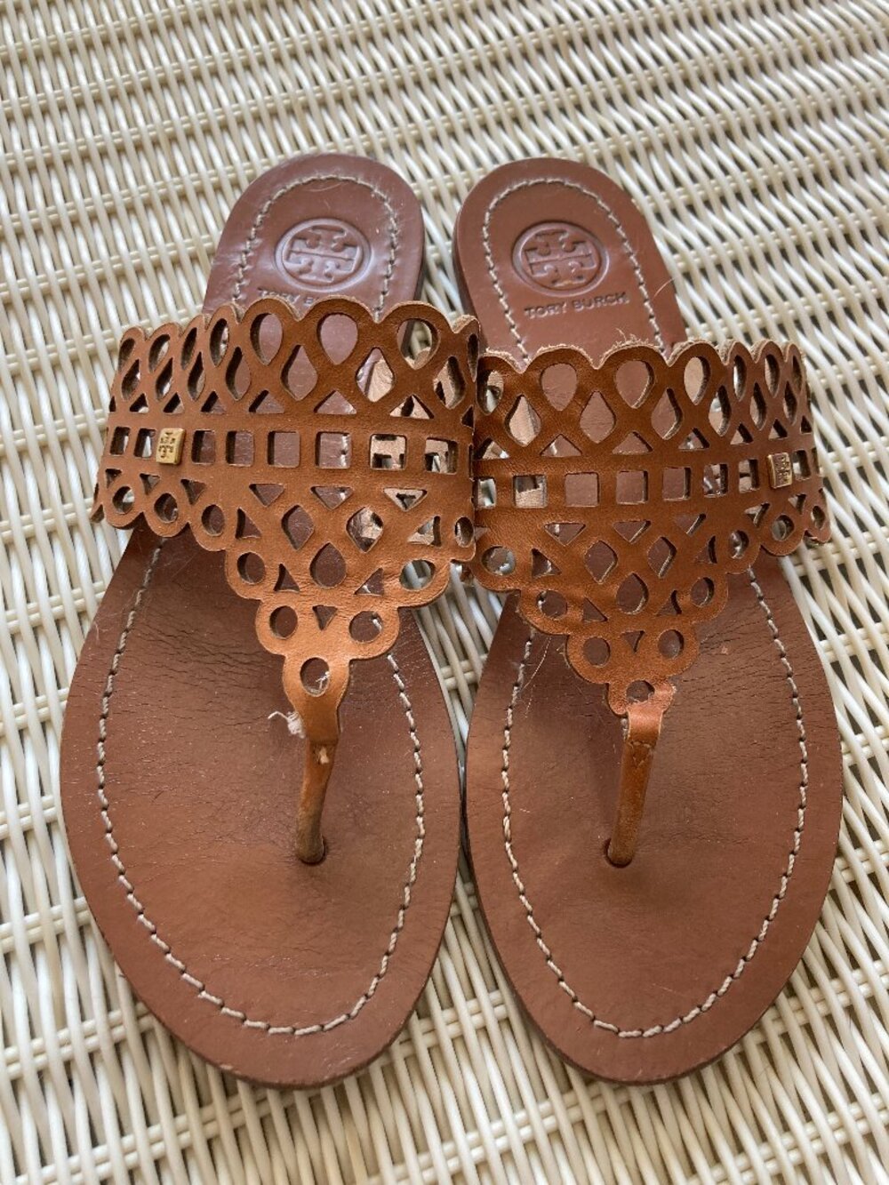 Tory Burch Leather Eyelet Cutout Brown Slides Sz 6